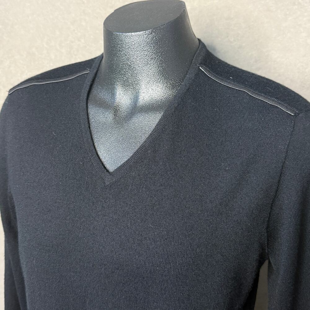 John Varvatos USA Luxe Merino Wool Lamb Leather Trim V-Neck Sweater Mens L Black